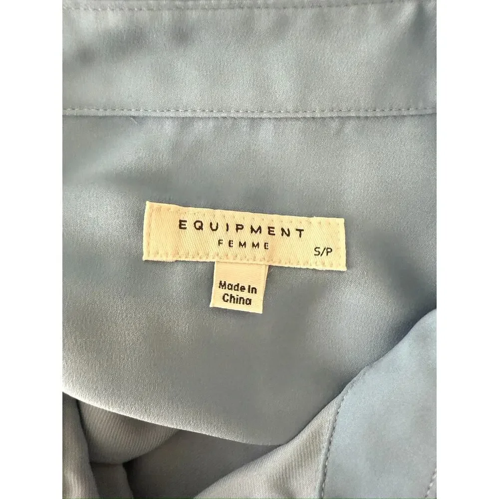 Equipment Femme Satin Shortsleeve Button Shirt Blue Preppy Office Old Money Chic - Picture 9 of 11